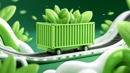 Container filled with fresh green leaves travels on conveyor belt in sleek warehouse. Bright green background enhances eco-friendly theme. Concept of sustainable packaging, logistics, green industry.の素材