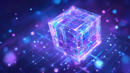 Digital cube rotates in space with glowing edges against soft abstract tech background featuring clean grid shadows. Concept of technology, digital innovation, software development.の素材