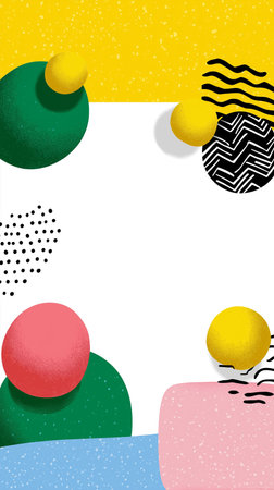 Colorful abstract Memphis-style design features vibrant geometric shapes and playful forms. Engaging retro atmosphere creates dynamic layout.の素材