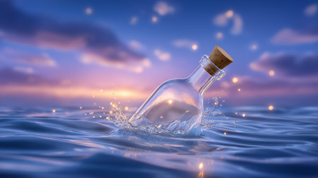 Message in bottle rises from tranquil water under soft warm sunset glow. Gentle ripples reflect cinematic composition. Concept of distant communication and connection.の素材