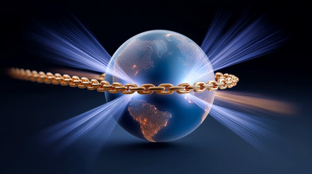 Globe encircled with golden chain illustrating interconnectedness of countries. Dark background accentuates vibrant colors of Earth. Concept of global trade, international relations, networking.の素材