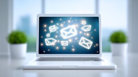 Laptop displays glowing email icons in bustling office environment. Bright atmosphere with natural light streaming through windows. Concept of technology, communication, digital marketing.の素材