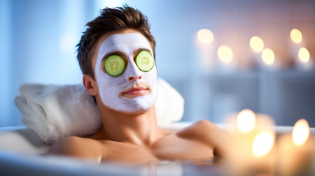 Man enjoys relaxing spa experience in tub with facial mask and cucumber slices on his eyes. Soft candlelight creates calming ambiance, enhancing self-care.の素材