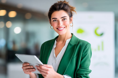 Businesswoman looking at camera while smiling and holding tablet in a contemporary office. Bright workspace features graphs and data insights.の素材