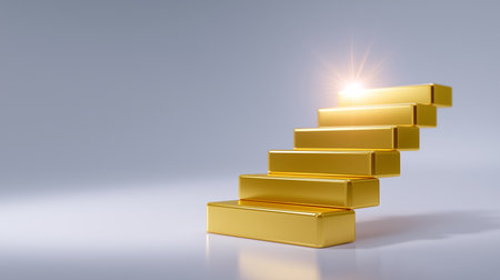 Golden staircase made of blocks ascends toward bright light flare at top. Clean minimal background with smooth warm lighting invites reflection. Concept of finance, business growth, success.の素材