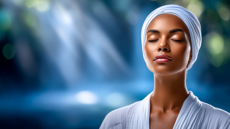 Woman with closed eyes radiates calmness and serenity. Soft light filters through lush greenery, creating a peaceful atmosphere. Concept wellness, mindfulness, spa, relaxation.の素材