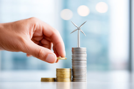 Hand is adding a coin to a stack of coins with a wind turbine perched on top, showcasing the concept of investing in renewable energy.の素材