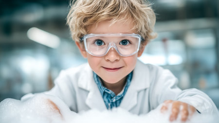 Boy engaged in bubble experimentation in modern science lab. Clean bright environment filled with lab equipment and materials. Concept of education, science, discovery.の素材
