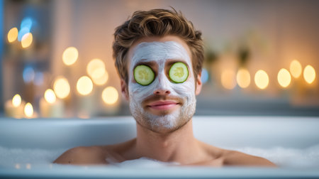 Man with facial mask smiles while soaking in tub, relaxed ambiance enhanced by soft candlelight creating a serene spa experience. Concept of relaxation, self-care, wellness.の素材