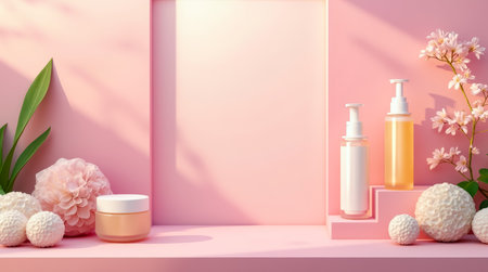 Skincare products arranged on pastel pink display with floral elements and soft textures. Bright, daylight ambiance creating a fresh aesthetic. Concept of skincare, beauty, wellness.の素材
