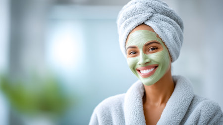 Woman smiling with green facial mask in modern bathroom. Soft towel around hair and plush robe create a serene atmosphere. Concept of skincare, beauty treatments, wellness.の素材