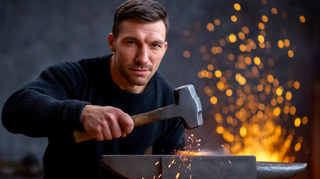 Blacksmith hammers heated metal on anvil while sparks fly in darkened workshop. Intense focus on craftsmanship and skillful techniques. Concept of metalworking, craftsmanship, trades.の素材