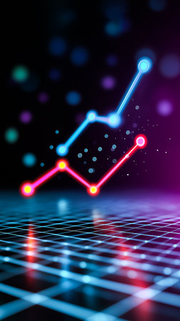Line chart showcases upward trend illustrated with glowing data points. Abstract digital interface style enhances tech-inspired layout with soft grid background.の素材
