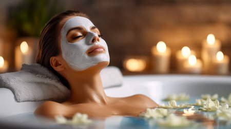Woman relaxing in spa bath with facial mask, calm expression on face. Soft candlelight creates tranquil ambiance surrounded by floating flowers. Concept of wellness, skincare, beauty.の素材