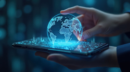 Hand engages with digital globe displayed on smartphone, showcasing global networking. Futuristic setting with glowing data connections and streamlined design.の素材