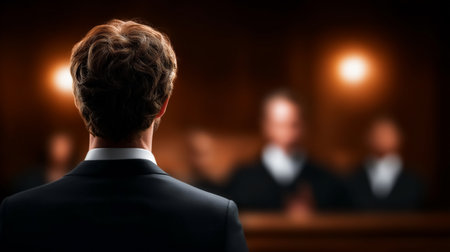 Man in formal attire faces judges during court hearing. The setting features a warm wooden backdrop and soft lighting. Concept of law, justice, legal representation.の素材