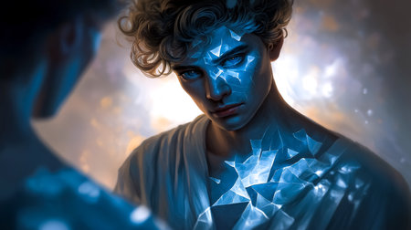 Young man stands in low-light setting with shimmering blue geometric patterns illuminating his face and body. Reflective gaze demonstrates deep introspection.の素材