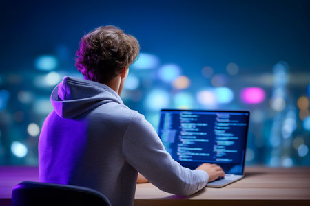 Man facing laptop screen displaying code while seated at wooden desk. Vibrant city lights illuminate the night, creating a modern atmosphere. Concept of technology, software development, remote work.の素材