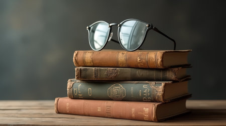Old books neatly stacked with modern glasses resting on top. The warm wooden table creates a cozy atmosphere, perfect for book lovers and vintage decor. Concept of literature, reading, education.の素材