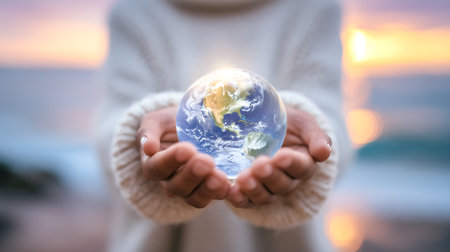 Individual holding crystal clear globe with Earth representation, surrounded by natural landscape at sunset. Concept of environmental activism, sustainability, eco-friendly practices.の素材