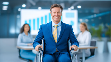 Businessman in wheelchair smiling confidently while attending meeting in bright office. Colleagues visible in background engaged in discussion.の素材