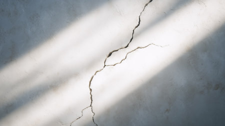 Crack runs through grey concrete wall illuminated by natural sunlight. Minimalist setting highlights raw texture and depth. Concept of construction, interior design, home improvement.の素材