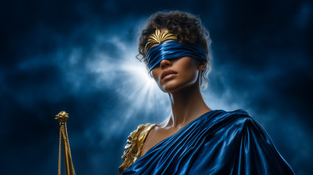 Woman embodies justice with a blue blindfold and gown, striking a pose with a scale in hand. Dark atmospheric backdrop enhances theme of fairness and equality.の素材