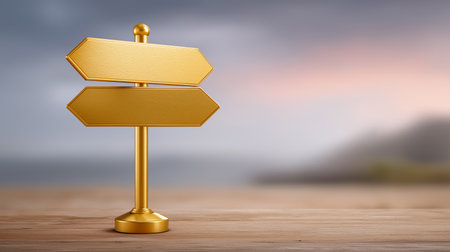 Illustration of crossroads sign with arrows indicating various paths. Soft foggy background enhances themes of choice and uncertainty. Concept of coaching, personal development, guidance.の素材