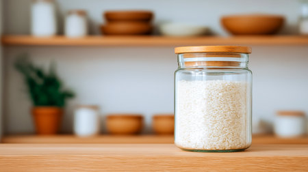 Glass jar containing rice is placed on wooden countertop in kitchen. Shelves in background hold wooden bowls and white containers. Concept of food storage, home cooking, kitchen organization.の素材