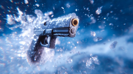 Handgun surfaces through swirling icy water, creating dramatic splashes. Cool tones depict dynamic motion, enhancing tension. Concept of security, law enforcement, creative design.の素材