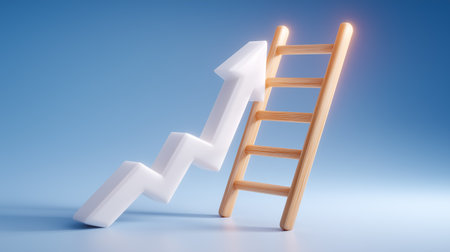 Rising white arrow leans against wooden ladder in smooth, minimalist design. Bright blue background enhances visual appeal. Concept of business growth, motivation, personal development.の素材