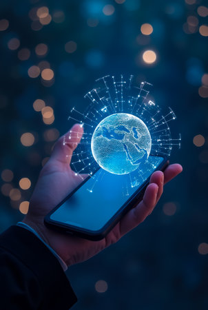 Hand holds smartphone with glowing holographic globe illustrating interconnected networks. Dark background with bokeh effects enhances tech aesthetics.の素材