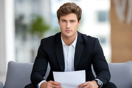 Young man dressed in a smart black suit holds documents while looking at camera. Bright, modern office space with natural light creates a professional atmosphere.の素材