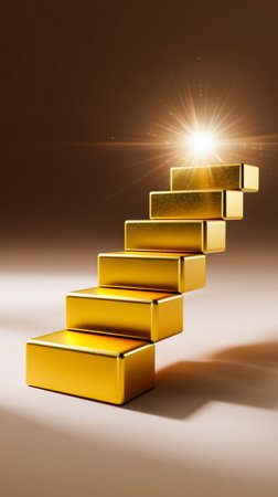 Golden blocks form an ascending staircase towards a radiant light flare symbolizing progress and success. Clean minimal background enhances visual focus.の素材