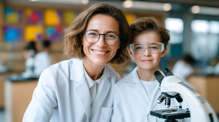 Scientist and young student look excited while exploring microscope together in bright laboratory. Innovative environment encourages learning and curiosity.の素材