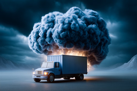Blue truck emerges with smoke cloud in a dramatic setting. Intense atmosphere with dark tones enhances visual impact. Concept of transportation, logistics, emergency services.の素材
