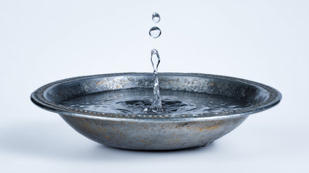 Water droplets rise and fall in polished silver basin, creating ripples on the surface. Neutral background emphasizes tranquility and focus on water dynamics. Concept of relaxation, wellness, spa.の素材