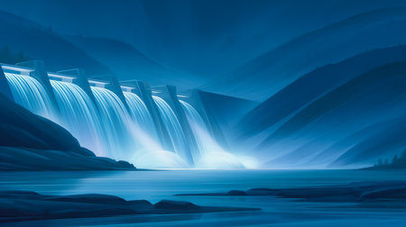 Glowing hydroelectric dam illuminates cascading water with turbines visible. Deep shadows create dramatic lighting, highlighting renewable power concept.の素材