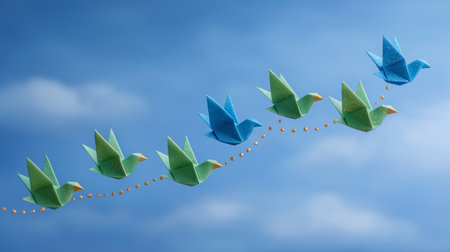 Origami birds soar together in formation connected by dotted lines. Soft sky background and minimal clouds create serene atmosphere. Concept of teamwork, collaboration, communication.の素材