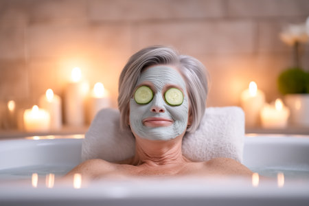 Woman smiles while relaxing in bathtub with a green facial mask. Soft candlelight creates a serene spa atmosphere in a modern bathroom. Concept of wellness, self-care, beauty.の素材