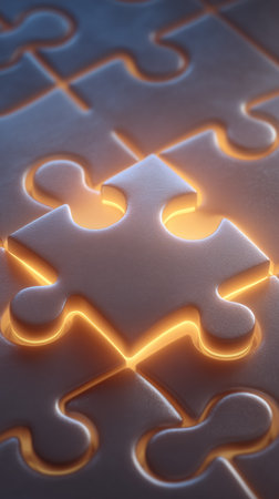 Puzzle piece fits perfectly into adjacent piece on textured background. Soft glow enhances interlocking design, creating a concept of teamwork, strategy, and cognitive challenges.の素材