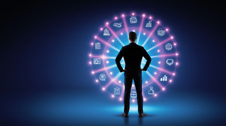 Silhouette of person facing a glowing wheel with business icons representing various concepts. Dark background enhances focus on dynamic visuals. Concept of strategy, finance, consulting.の素材