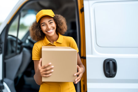 Delivery driver leans out of van window with package in hand, capturing golden sunset light. Setting conveys late afternoon hustle in urban environment.の素材