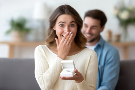 Young woman covers her mouth in surprise holding an engagement ring box. Cozy living room setting with soft light. Concept of relationships, engagement, celebration.の素材