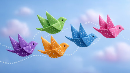 Origami birds soar in formation with dotted lines connecting them, illustrating coordinated communication. Soft sky background features minimal clouds, creating a serene atmosphere.の素材