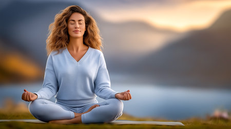 Woman meditating peacefully in comfortable attire at lakeside during sunset. Soft colors and serene setting create calm atmosphere. Concept of wellness, mindfulness, relaxation.の素材