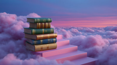 Stack of ornate books rests on pink stairs ascending into vibrant clouds. Dreamy sunset backdrop with shades of purple and orange creates a whimsical atmosphere.の素材