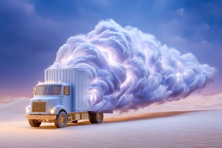 Truck moves across sandy landscape, emitting colorful smoke clouds that blend with the evening sky. Setting showcases dusk with shimmering hues. Concept of transportation, logistics, creativity.の素材
