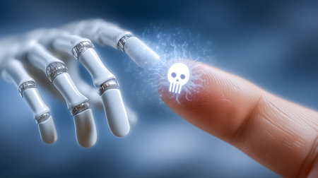 Robotic hand extending to touch human finger, symbolizing interaction between technology and humanity. Abstract background with glowing elements suggests innovation.の素材