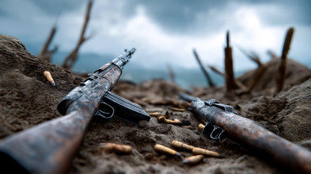 Two rifles lay abandoned on a rugged battlefield with scattered cartridges around them. Dramatic clouds add tension to the atmosphere. Concept of military history, conflict, war journalism.の素材
